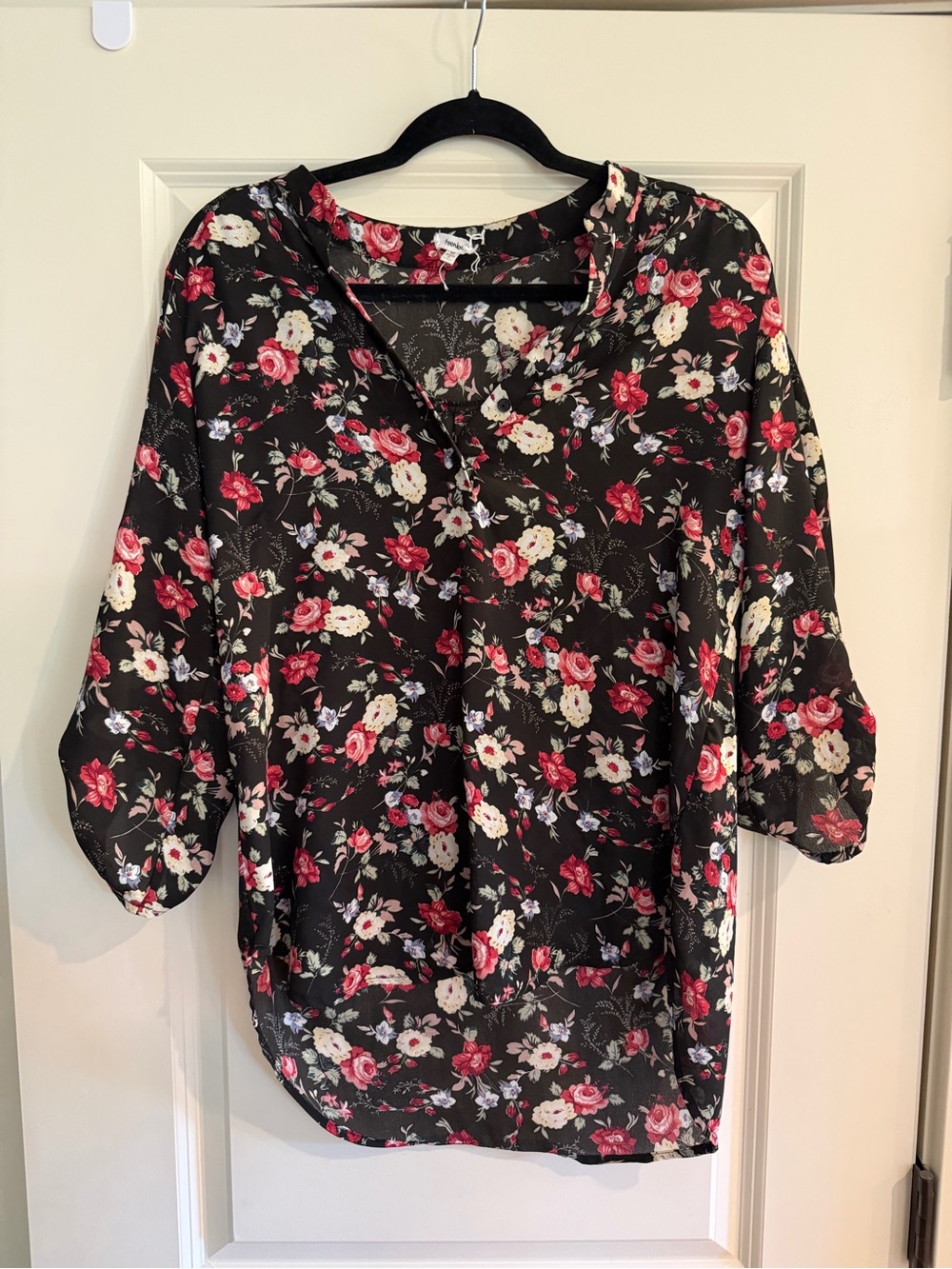 TeenBell Black Floral V-Neck Blouse with Pink and Cream Roses